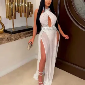 Rhinestone Halter Sheer Mesh High Slit Maxi Dress
