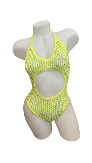 Rhinestone High Waist Front Cutout One Piece Neon Yellow