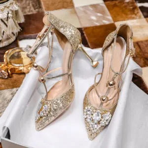 rhinestone ladies thin silver glitter pumps size 4 34 stiletto shoes bridal female crystal high heels gold pointed toe diamond