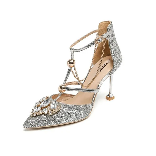 rhinestone ladies thin silver glitter pumps size 4 34 stiletto shoes bridal female crystal high heels gold pointed toe diamond
