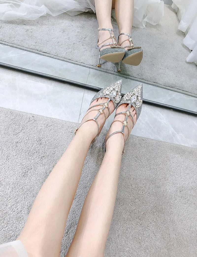 rhinestone ladies thin silver glitter pumps size 4 34 stiletto shoes bridal female crystal high heels gold pointed toe diamond