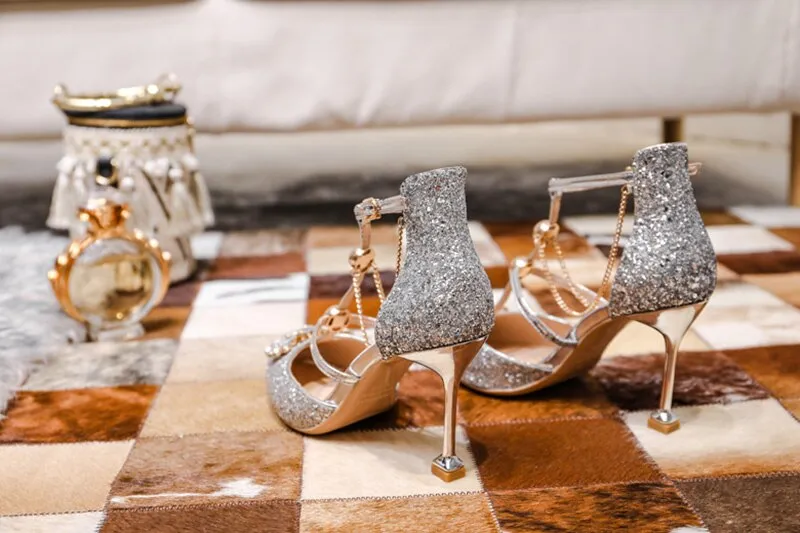 rhinestone ladies thin silver glitter pumps size 4 34 stiletto shoes bridal female crystal high heels gold pointed toe diamond