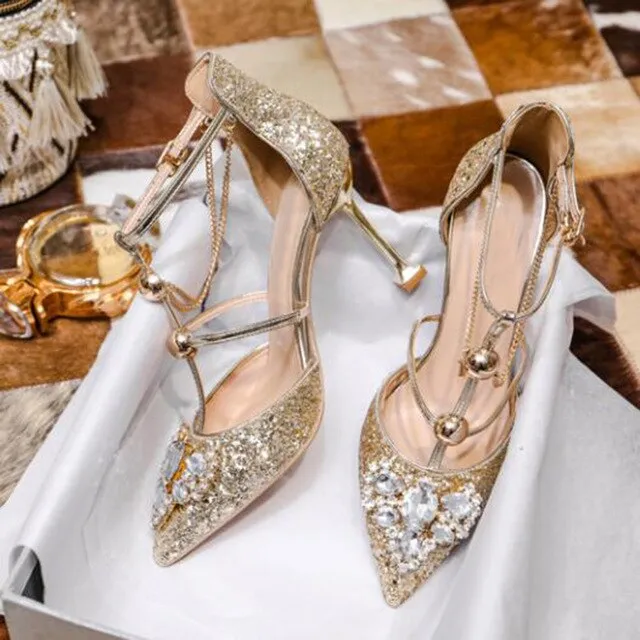 rhinestone ladies thin silver glitter pumps size 4 34 stiletto shoes bridal female crystal high heels gold pointed toe diamond