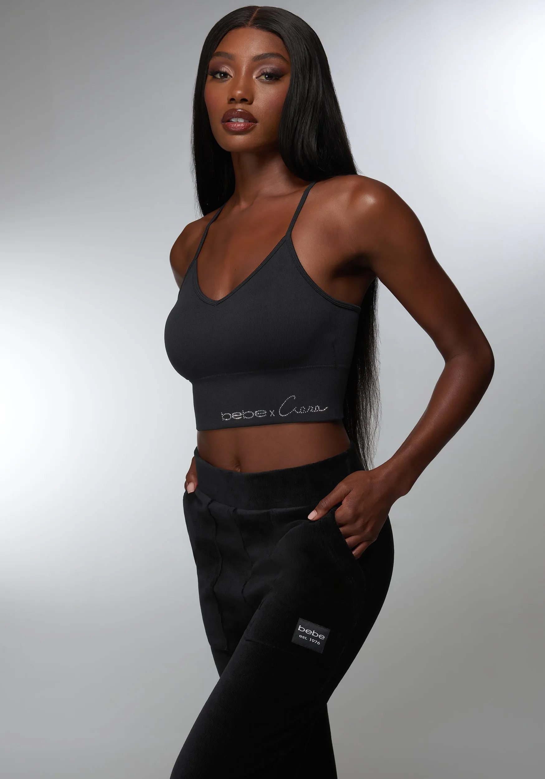 Rhinestone Logo V Neck Bra Tank