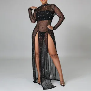Rhinestone Long Sleeve Sheer Mesh High Slit Dress