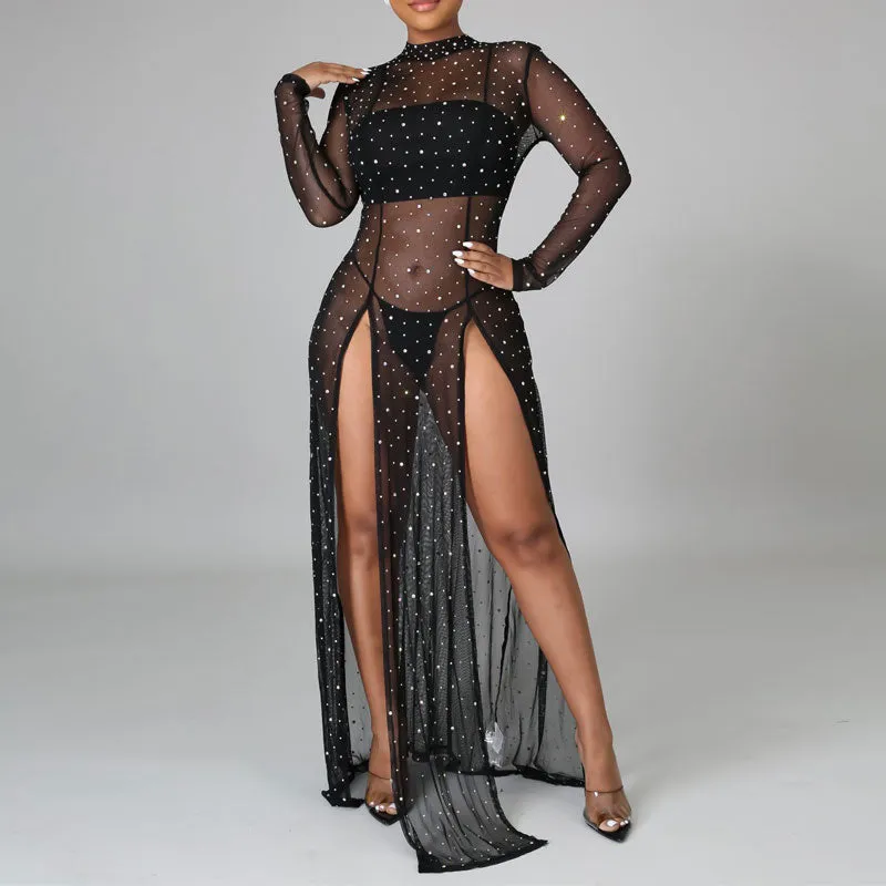 Rhinestone Long Sleeve Sheer Mesh High Slit Dress