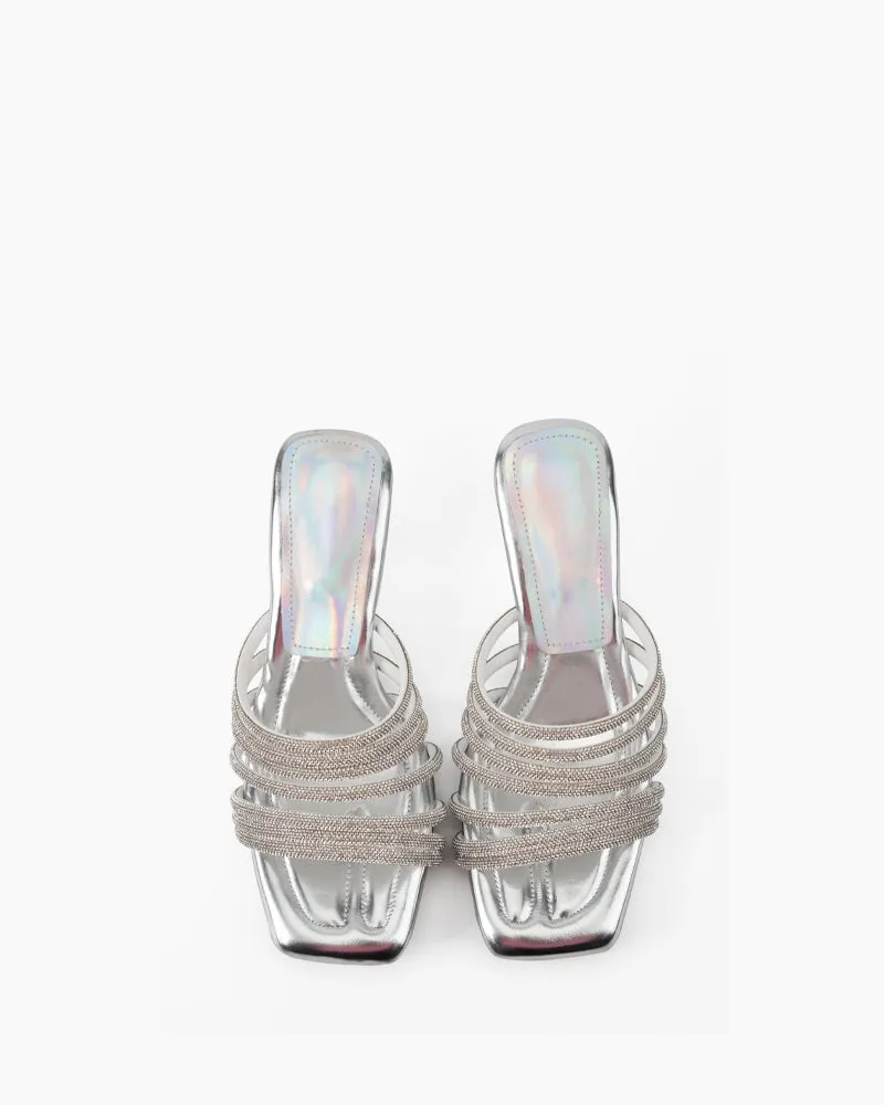 Rhinestone Open Square Toe Mid Heel Sandals