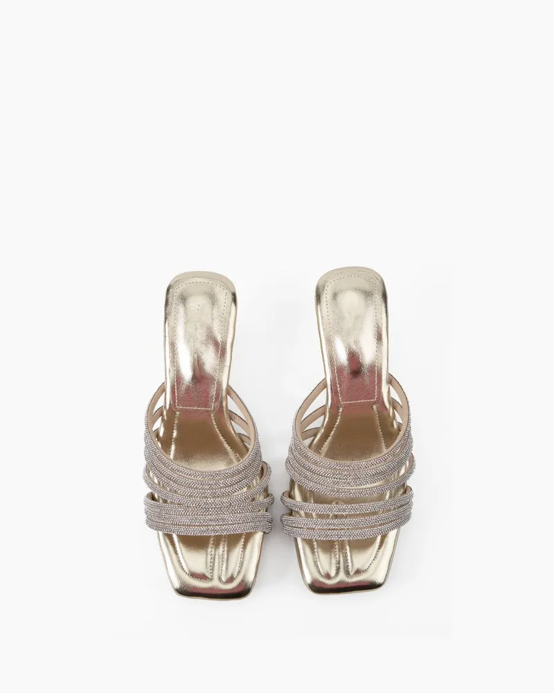 Rhinestone Open Square Toe Mid Heel Sandals