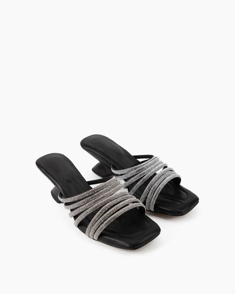 Rhinestone Open Square Toe Mid Heel Sandals