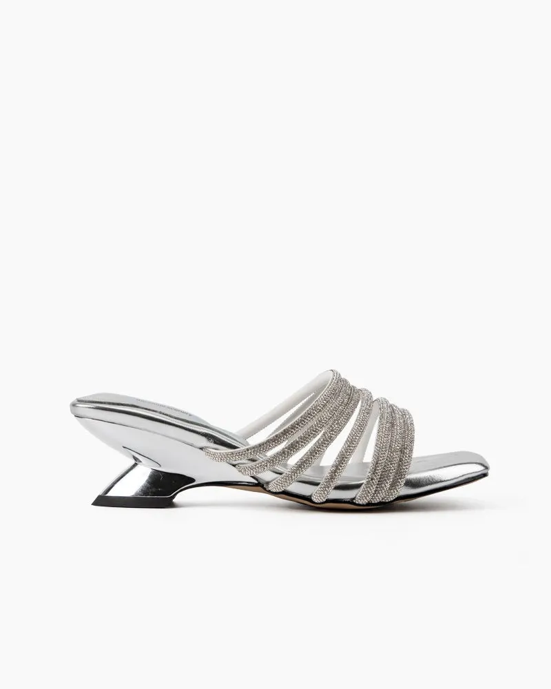 Rhinestone Open Square Toe Mid Heel Sandals