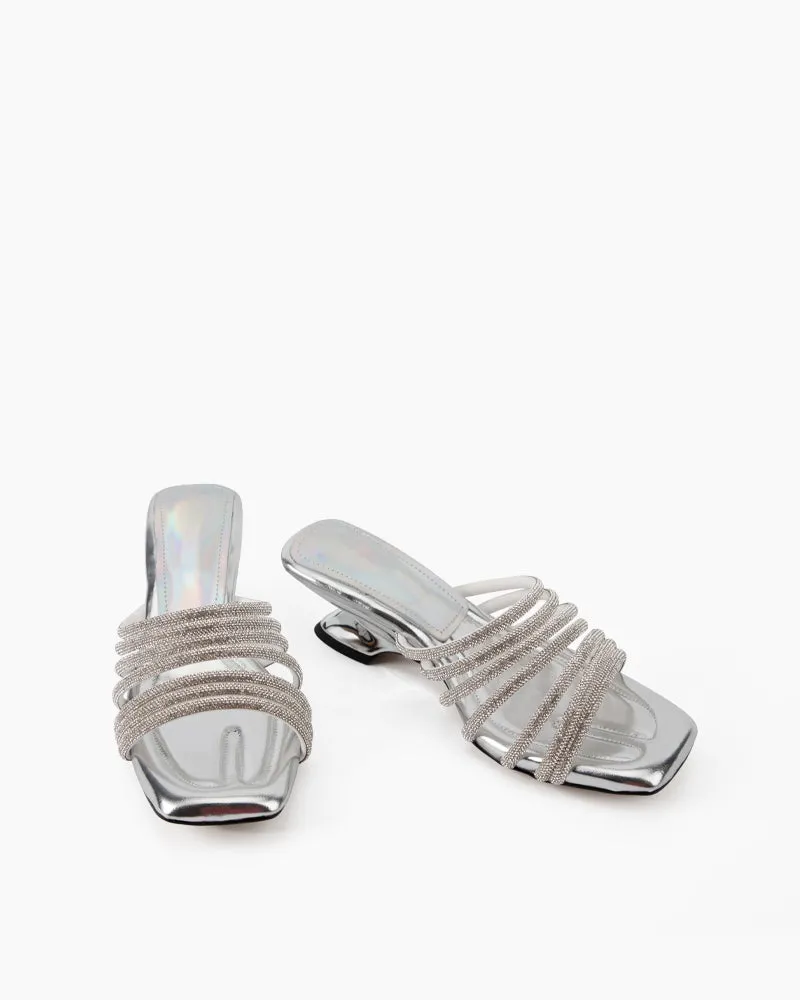 Rhinestone Open Square Toe Mid Heel Sandals