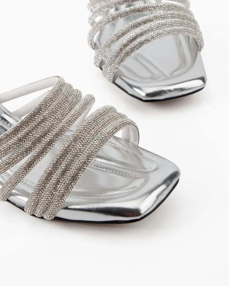 Rhinestone Open Square Toe Mid Heel Sandals
