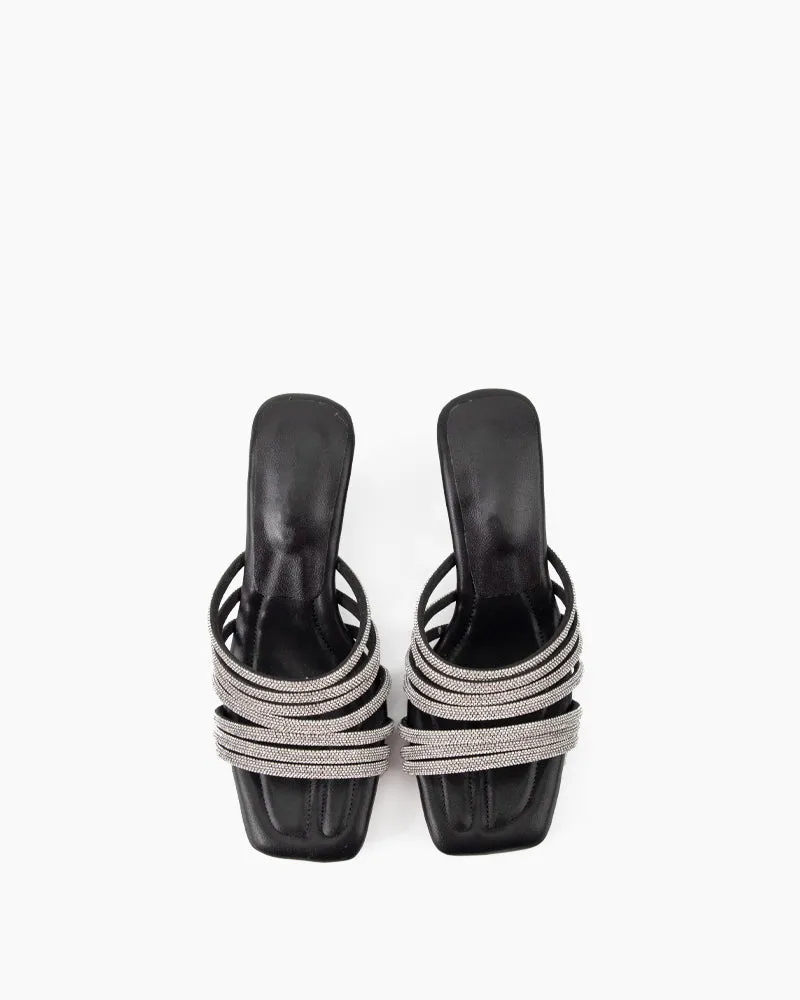Rhinestone Open Square Toe Mid Heel Sandals