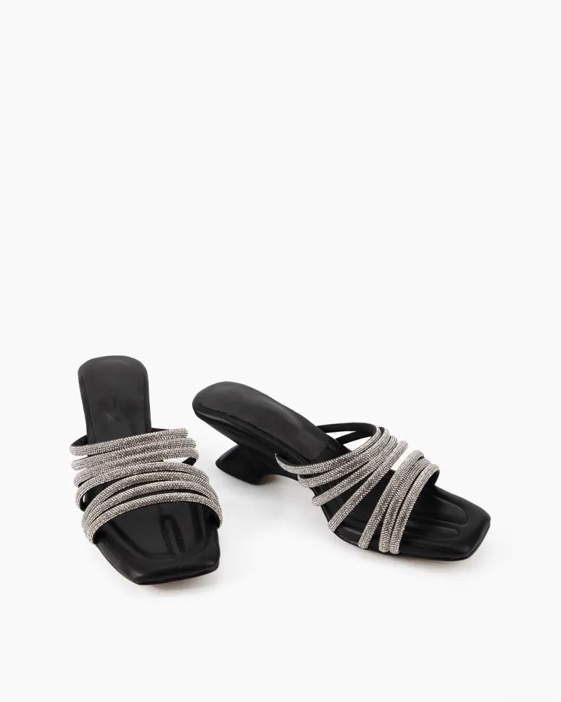 Rhinestone Open Square Toe Mid Heel Sandals