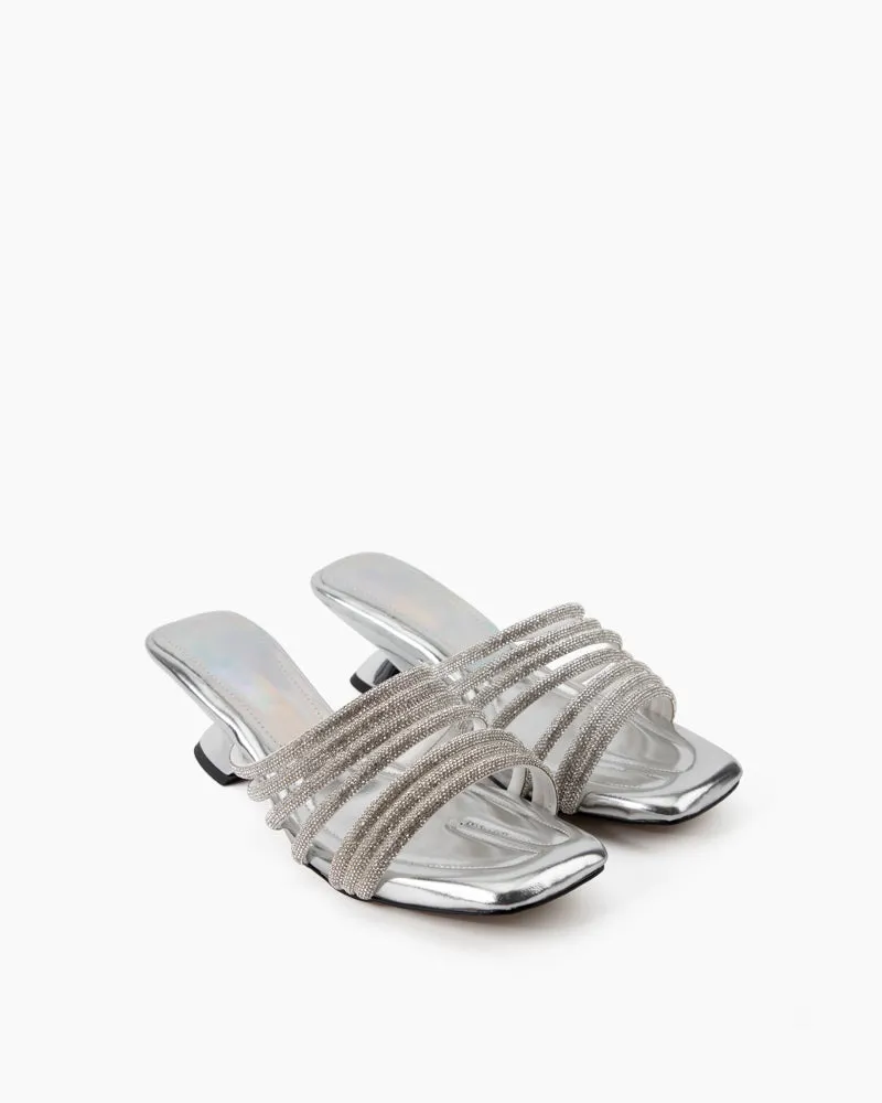 Rhinestone Open Square Toe Mid Heel Sandals