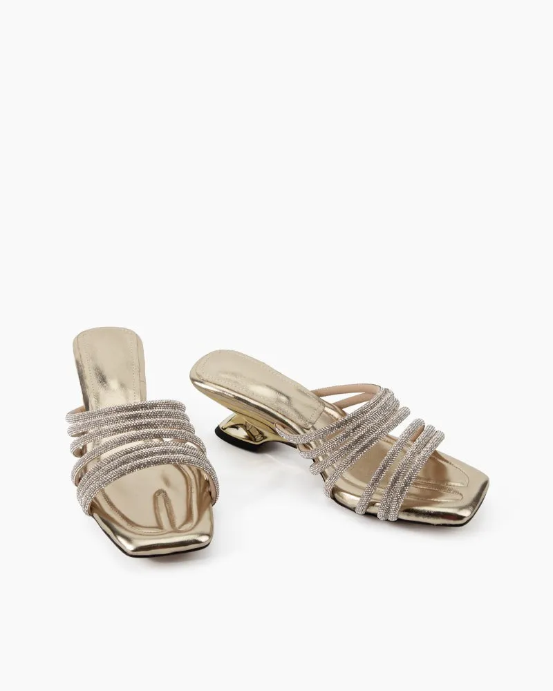 Rhinestone Open Square Toe Mid Heel Sandals