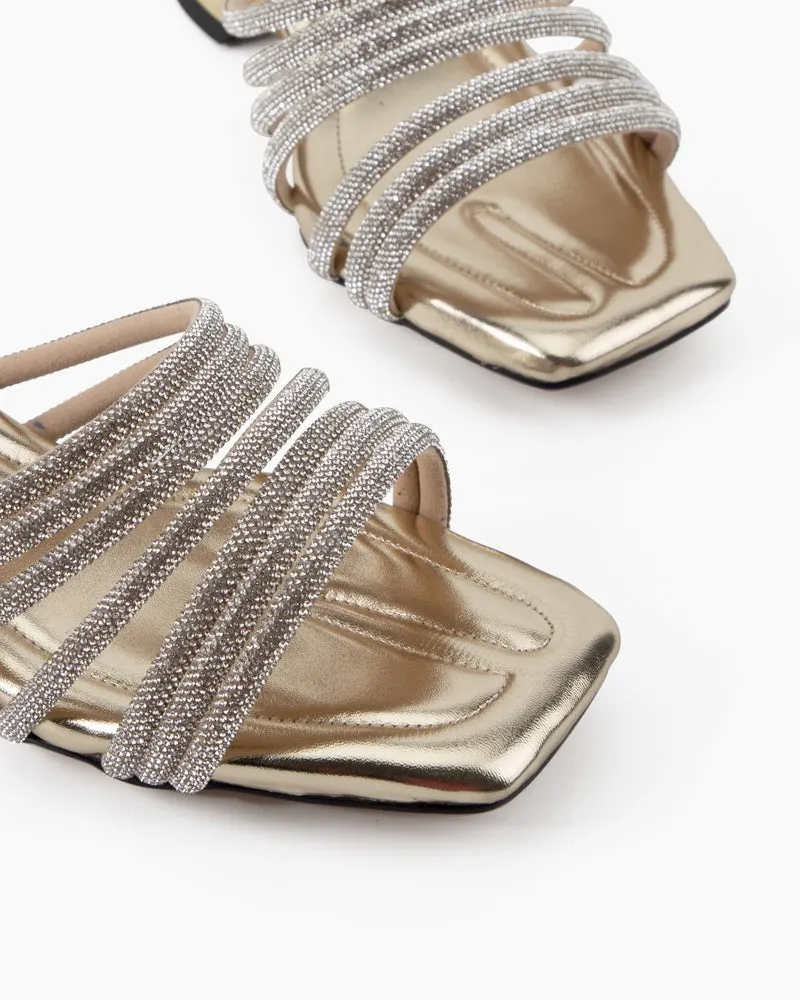 Rhinestone Open Square Toe Mid Heel Sandals