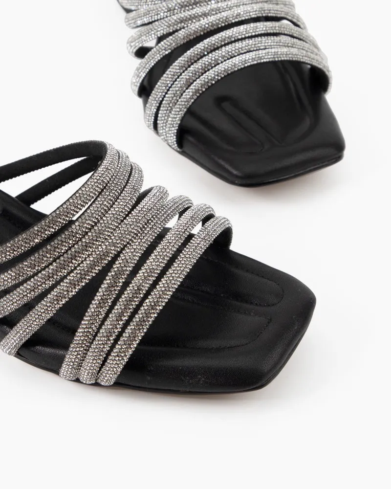 Rhinestone Open Square Toe Mid Heel Sandals