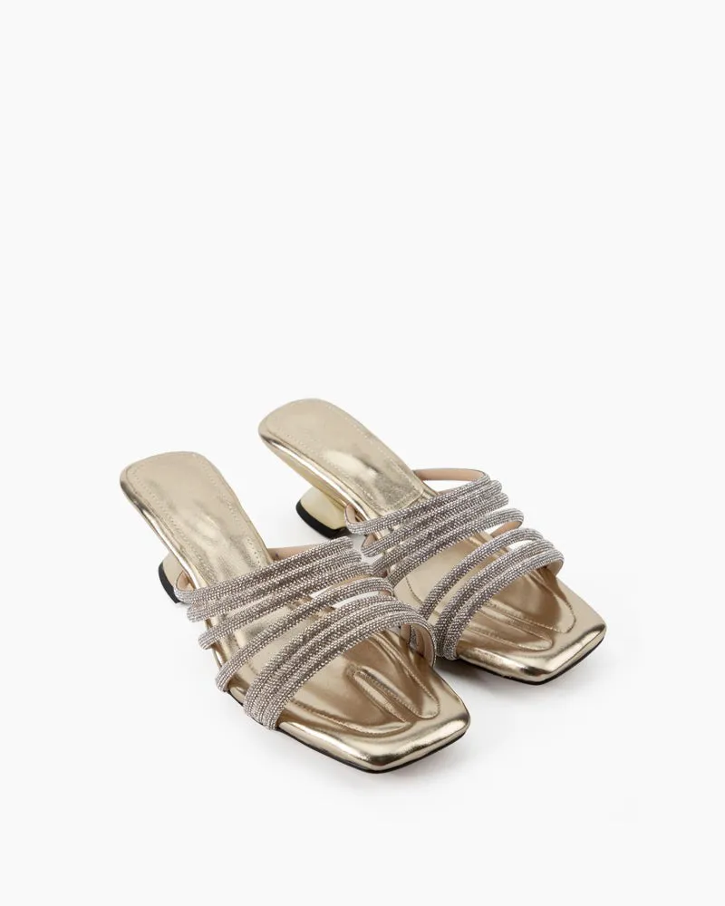 Rhinestone Open Square Toe Mid Heel Sandals