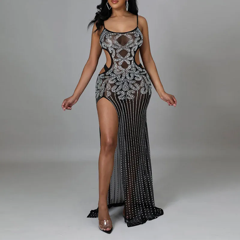 Rhinestone Sleeveless Cut Out Sheer Mesh High Slit Maxi Dress