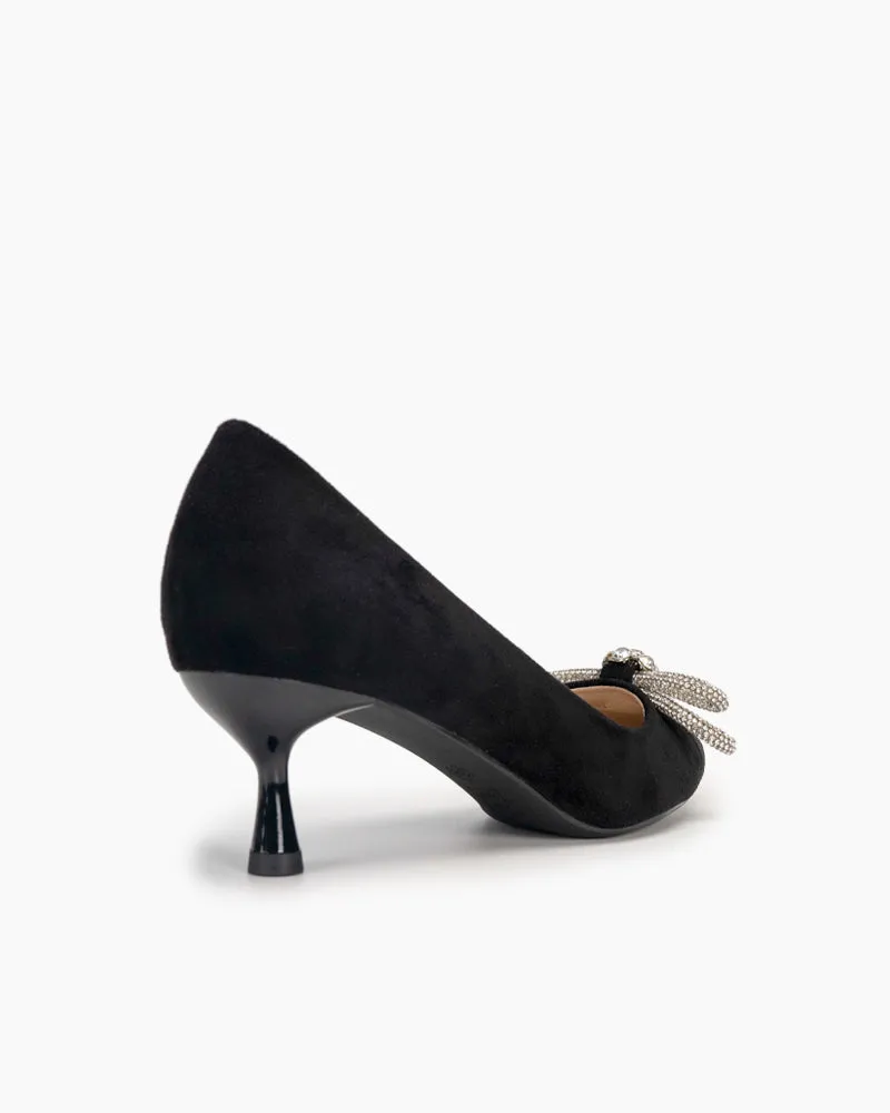 Rhinestones Bowknot Slip on Suede Stiletto Heel Pumps