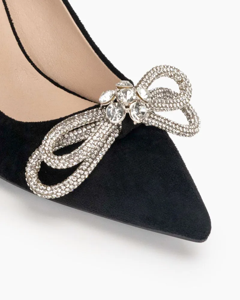 Rhinestones Bowknot Slip on Suede Stiletto Heel Pumps
