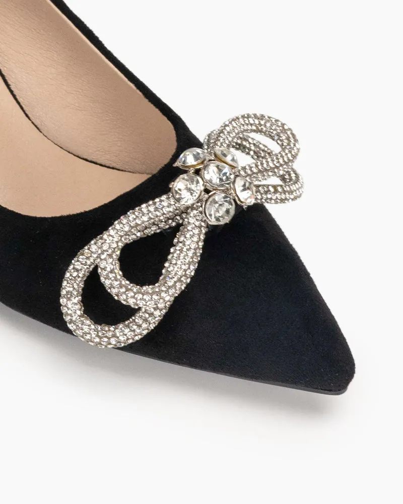 Rhinestones Bowknot Slip on Suede Stiletto Heel Pumps