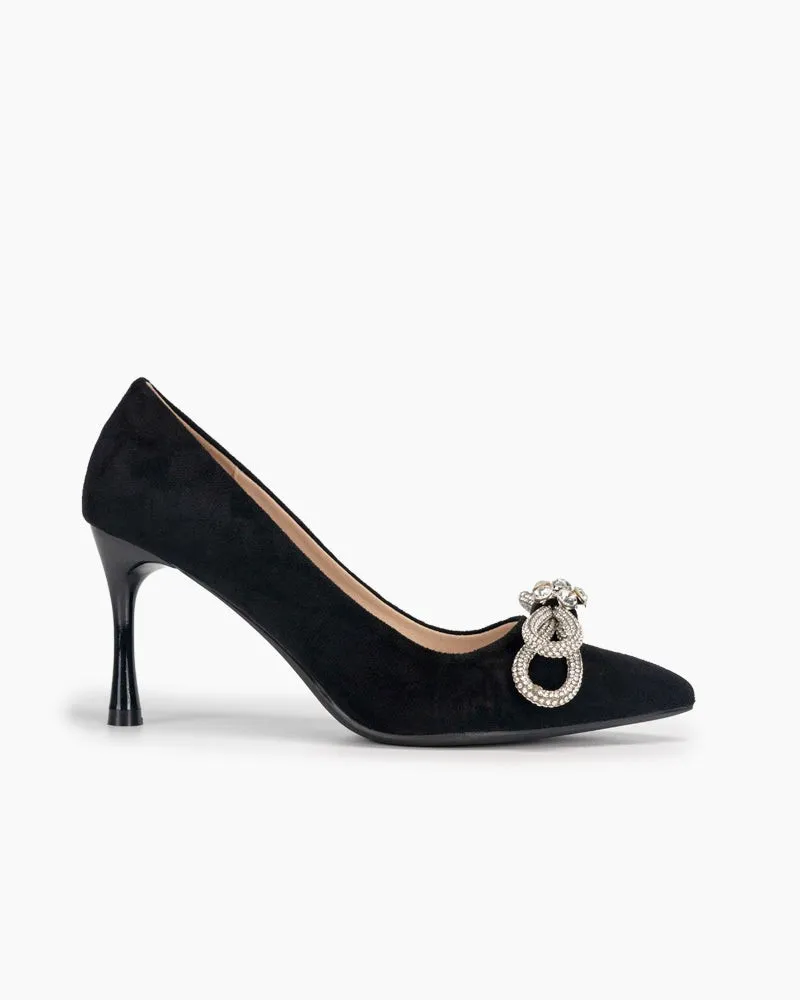Rhinestones Bowknot Slip on Suede Stiletto Heel Pumps