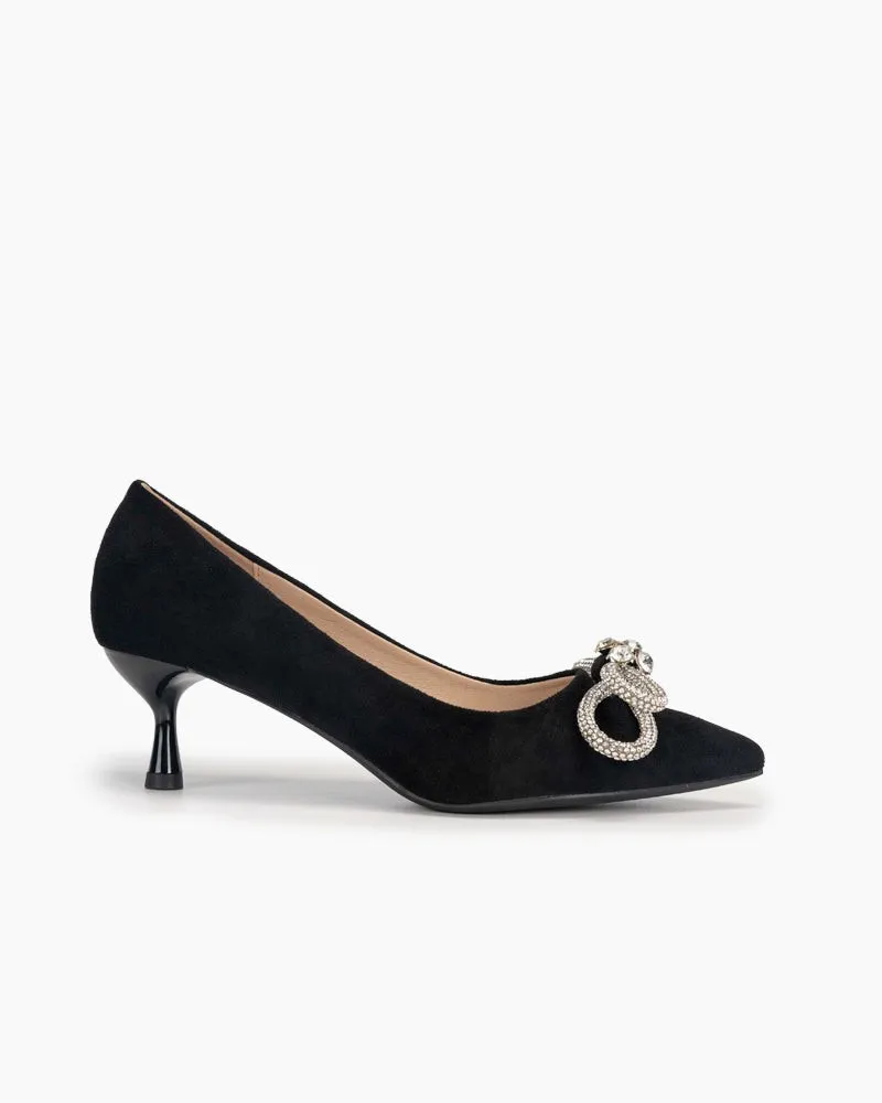 Rhinestones Bowknot Slip on Suede Stiletto Heel Pumps