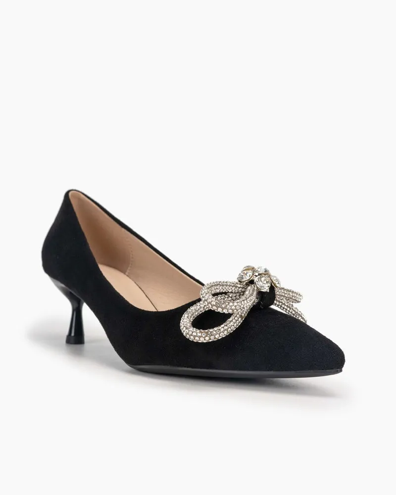 Rhinestones Bowknot Slip on Suede Stiletto Heel Pumps
