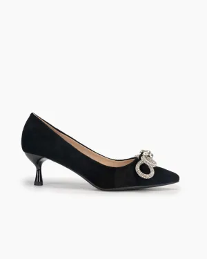 Rhinestones Bowknot Slip on Suede Stiletto Heel Pumps
