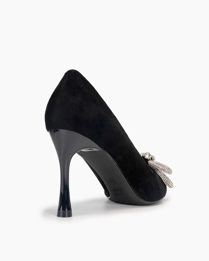 Rhinestones Bowknot Slip on Suede Stiletto Heel Pumps