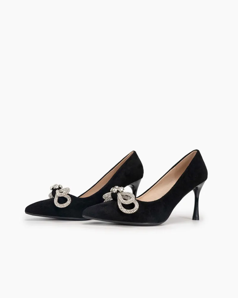 Rhinestones Bowknot Slip on Suede Stiletto Heel Pumps