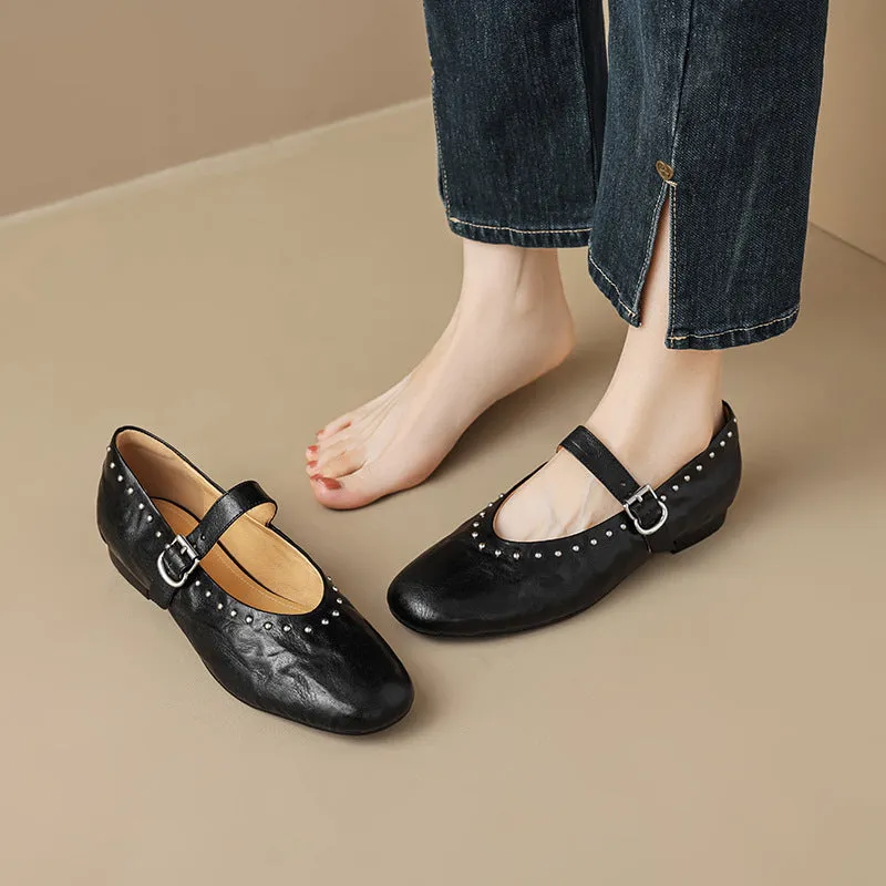 Round head rivet Mary Jane shoes women's retro versatile low-heeled single shoes