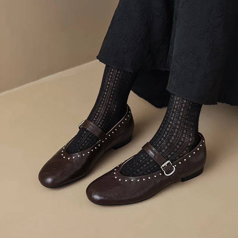 Round head rivet Mary Jane shoes women's retro versatile low-heeled single shoes