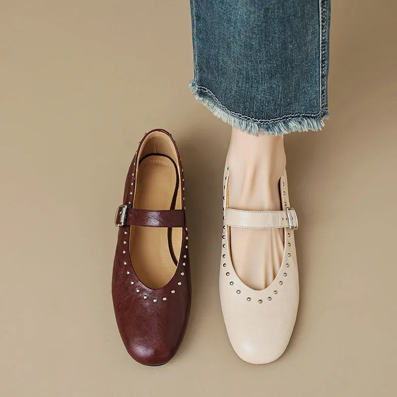 Round head rivet Mary Jane shoes women's retro versatile low-heeled single shoes