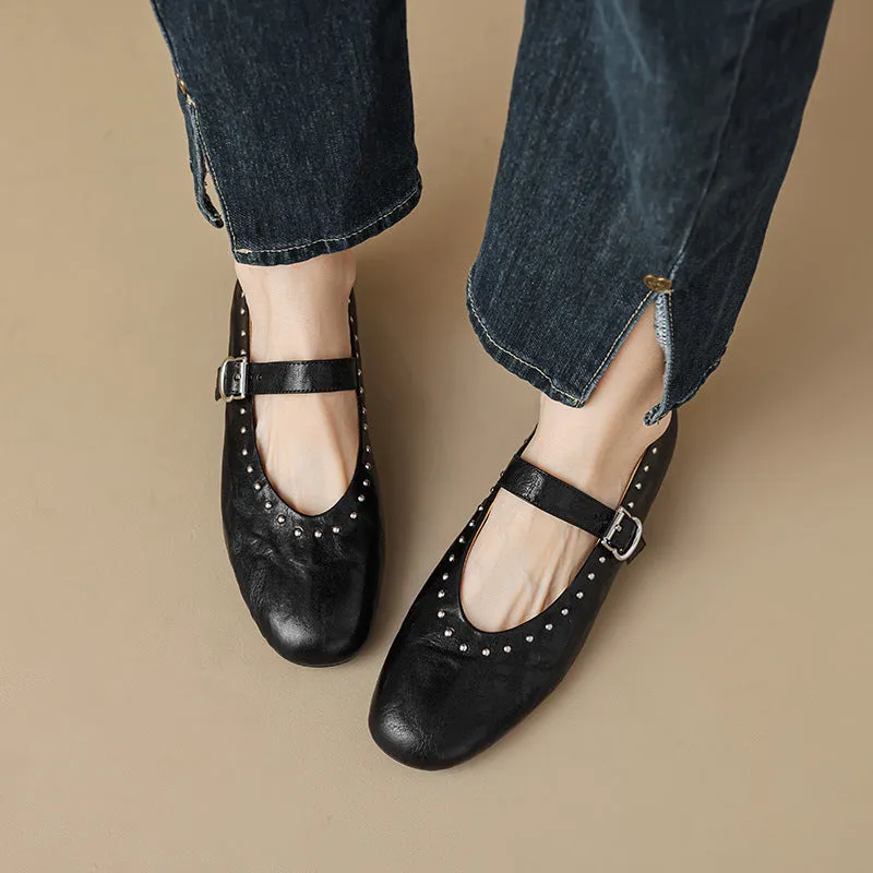 Round head rivet Mary Jane shoes women's retro versatile low-heeled single shoes