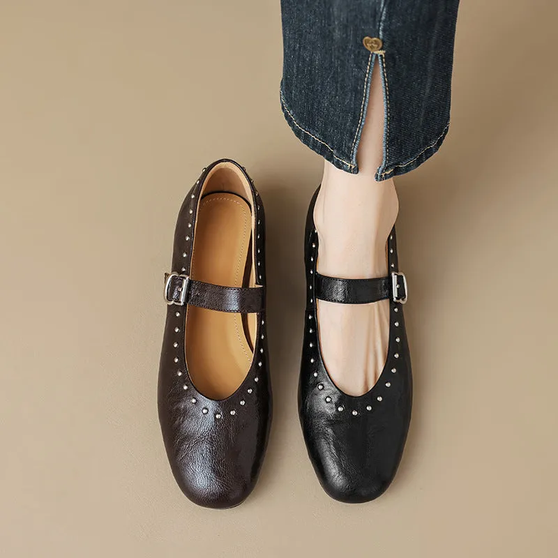 Round head rivet Mary Jane shoes women's retro versatile low-heeled single shoes