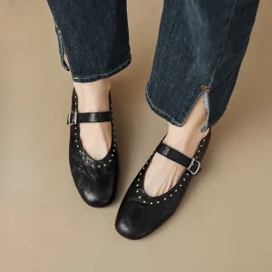 Round head rivet Mary Jane shoes women's retro versatile low-heeled single shoes