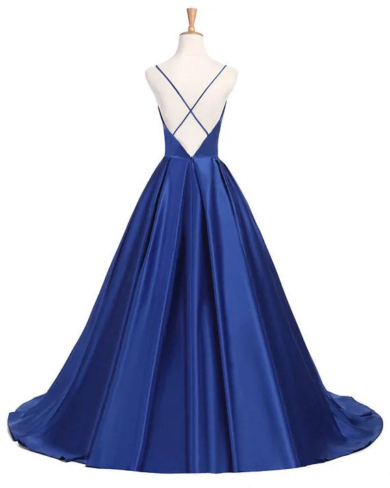 Royal Blue Sexy Backless Satin V-neckline Long Party Gowns, Satin Party Dresses, Sexy Formal Dresses