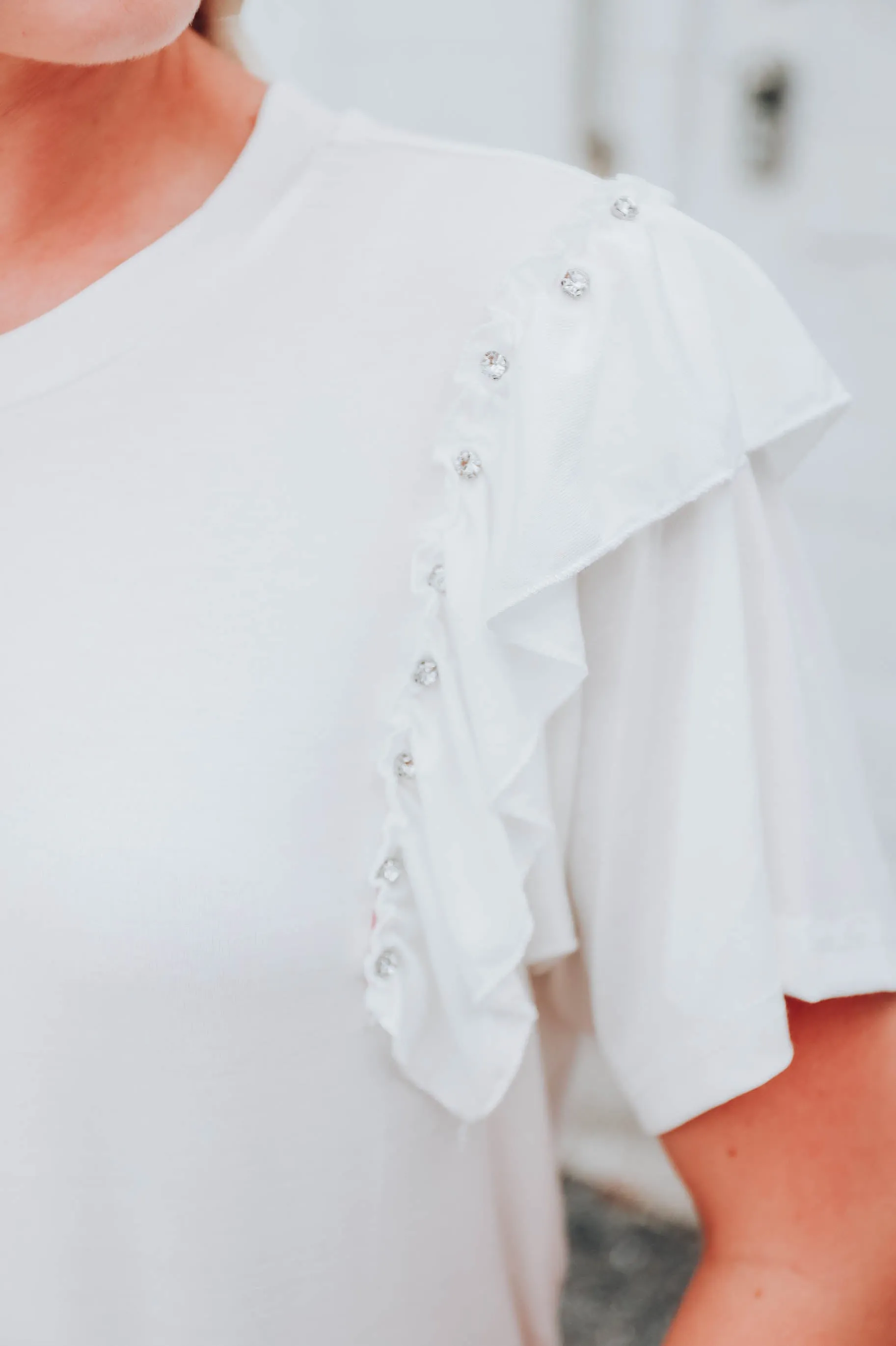 Ruffles and Rhinestones Top -  White