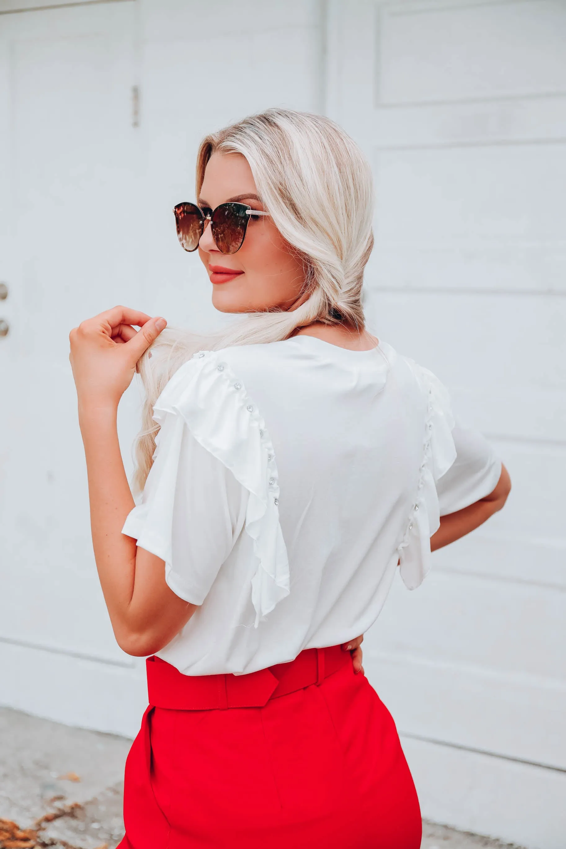 Ruffles and Rhinestones Top -  White