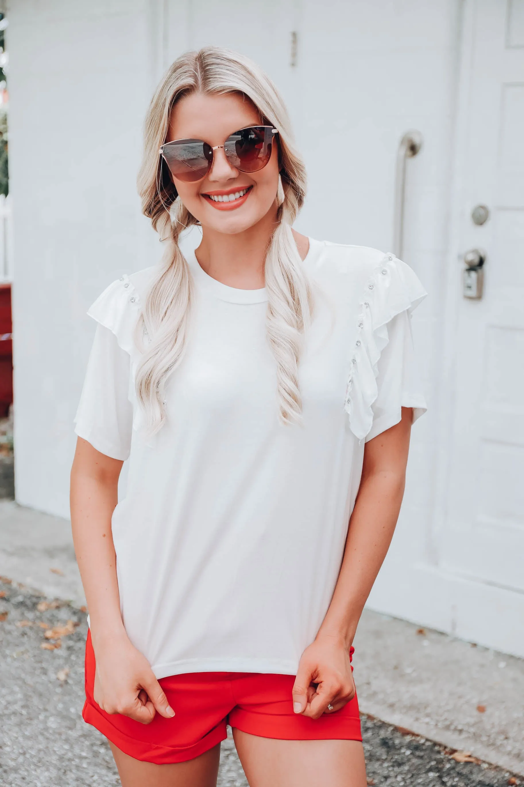 Ruffles and Rhinestones Top -  White