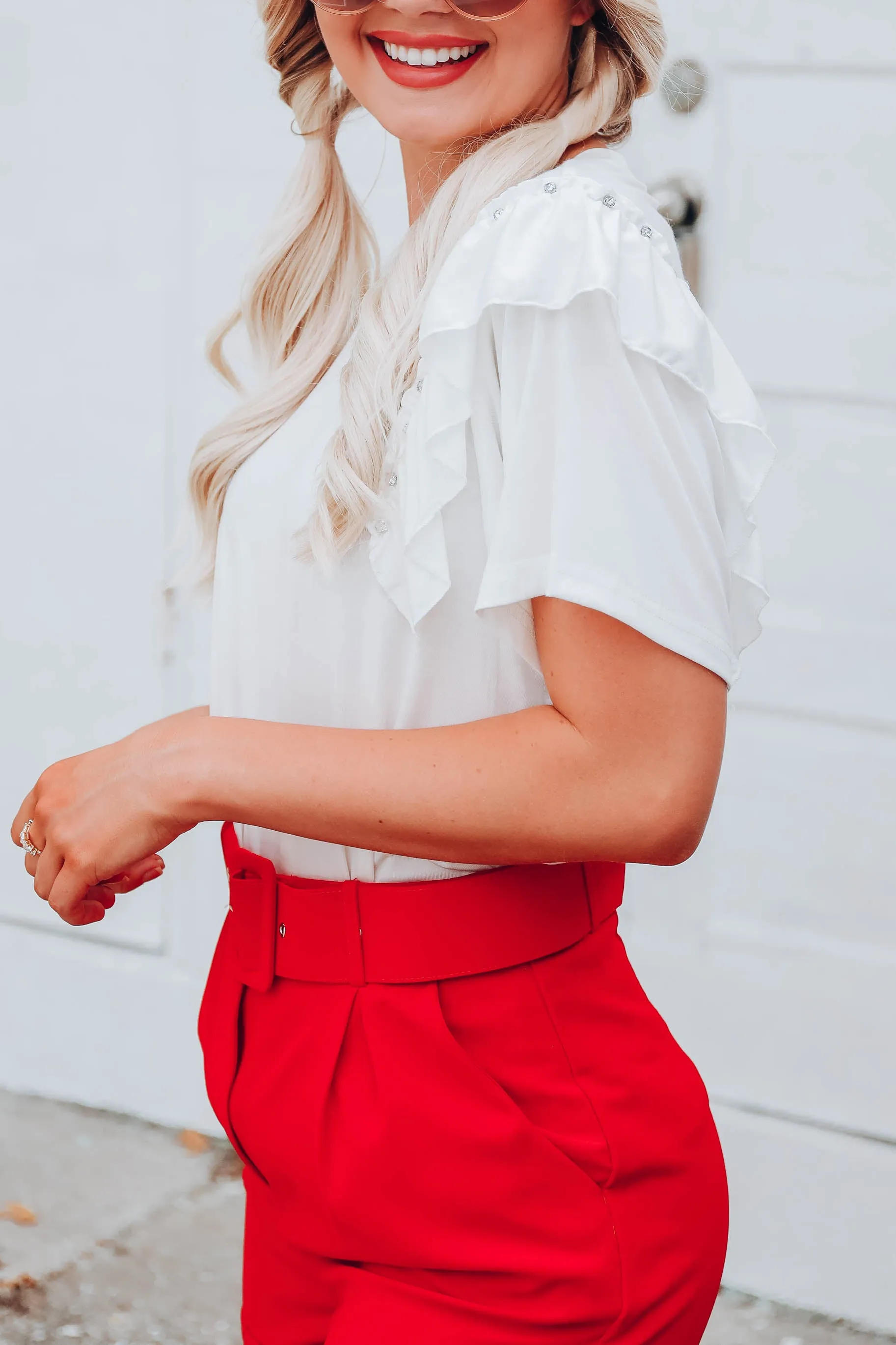 Ruffles and Rhinestones Top -  White