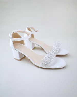 Satin Block Heel Wedding Sandals with Rhinestones Chassia Flower