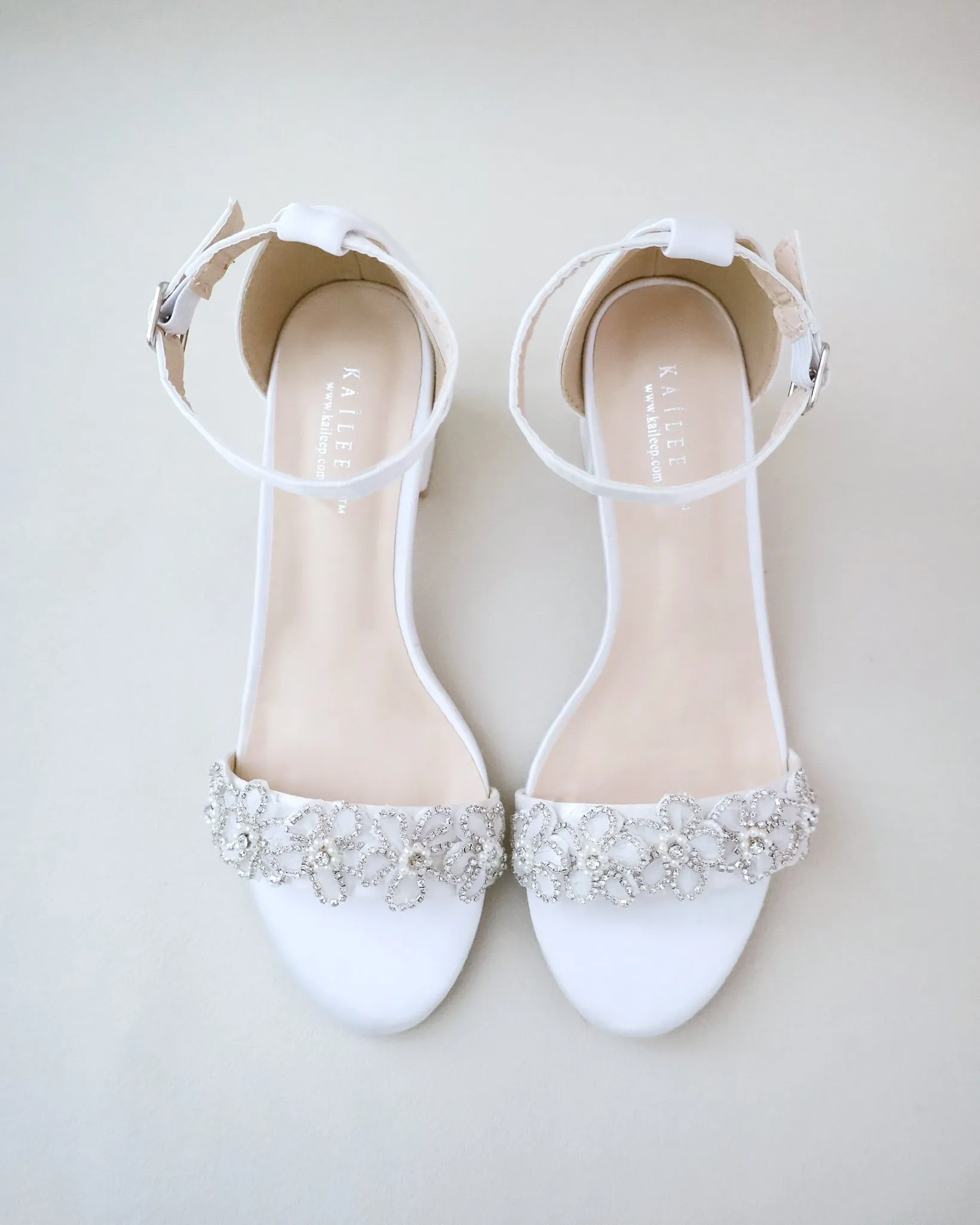 Satin Block Heel Wedding Sandals with Rhinestones Chassia Flower