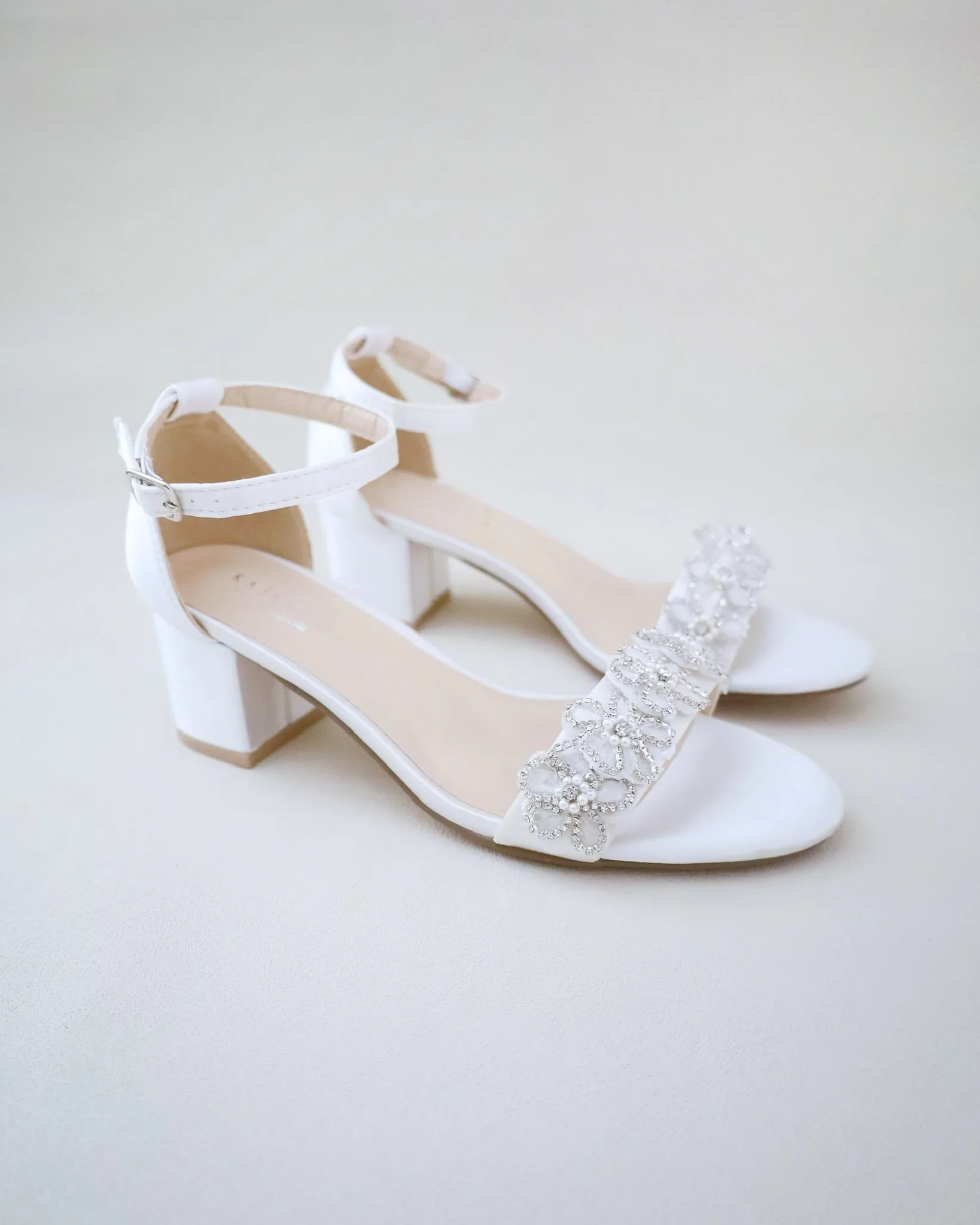 Satin Block Heel Wedding Sandals with Rhinestones Chassia Flower