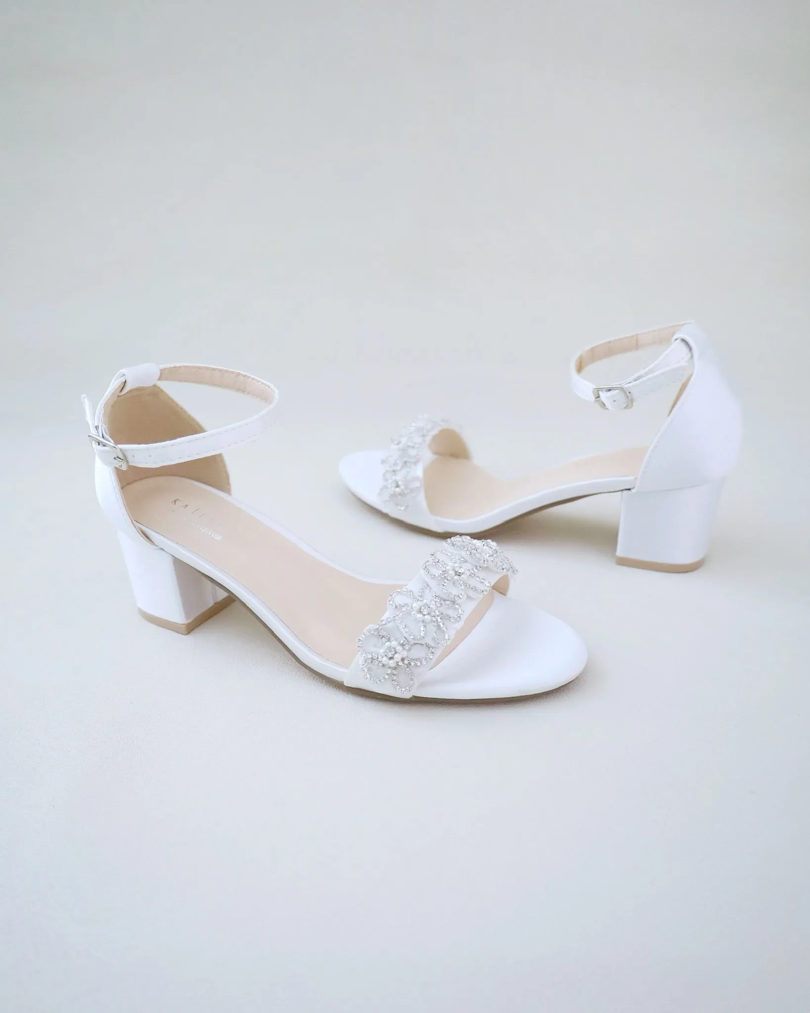 Satin Block Heel Wedding Sandals with Rhinestones Chassia Flower
