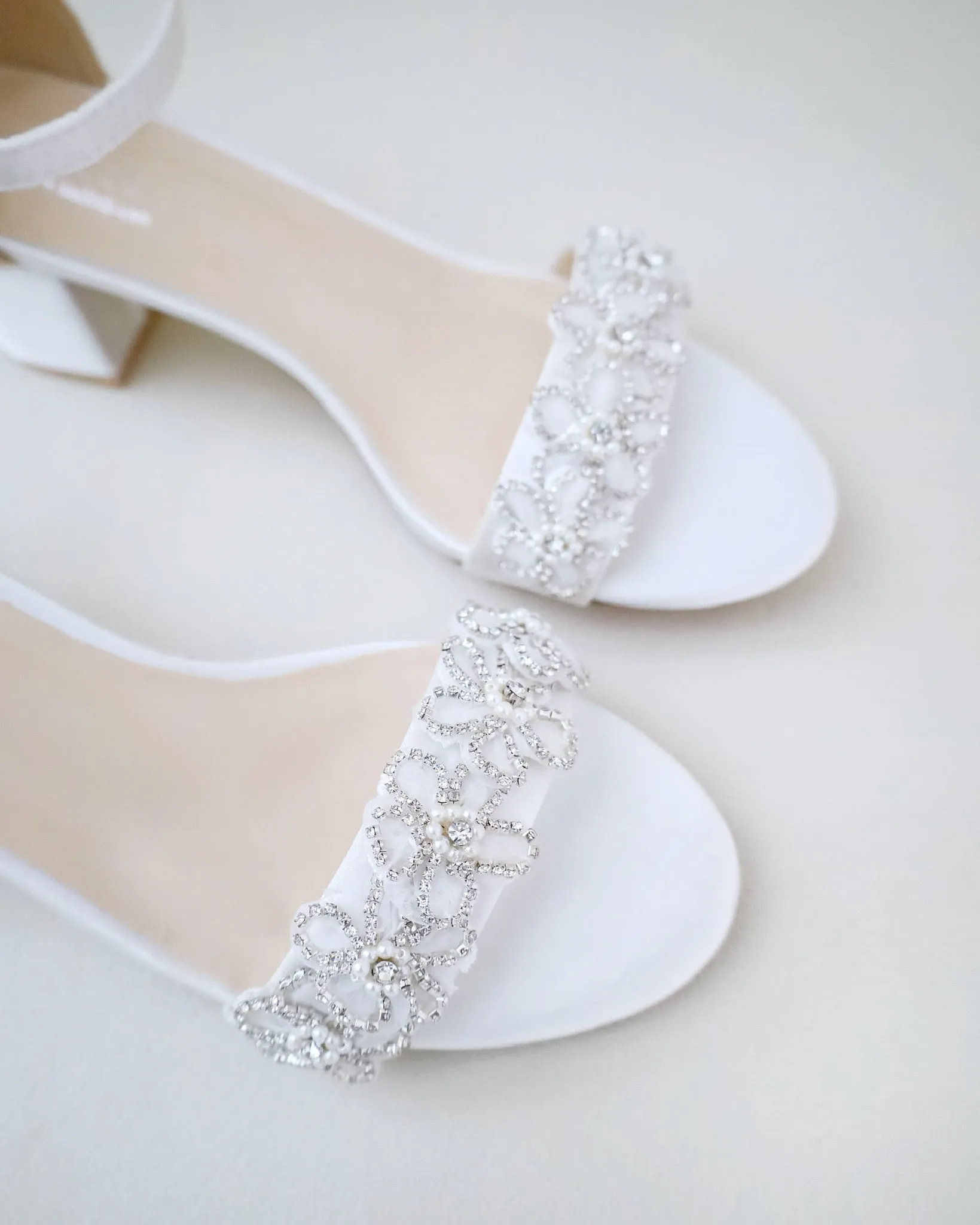 Satin Block Heel Wedding Sandals with Rhinestones Chassia Flower