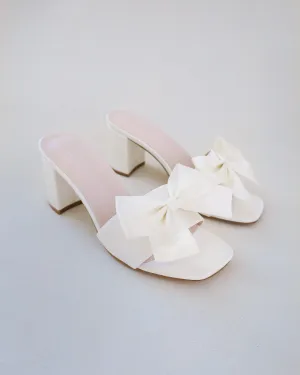 Satin Block Heels Slide Wedding Sandals with Satin Bow